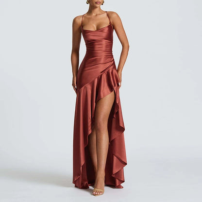 Sexy Slash Neck Slim Ruffle Banquet Dress Women Spring Backless Lace-up Long Irregular Dress Summer Sleeveless Hollow Maxi Dress