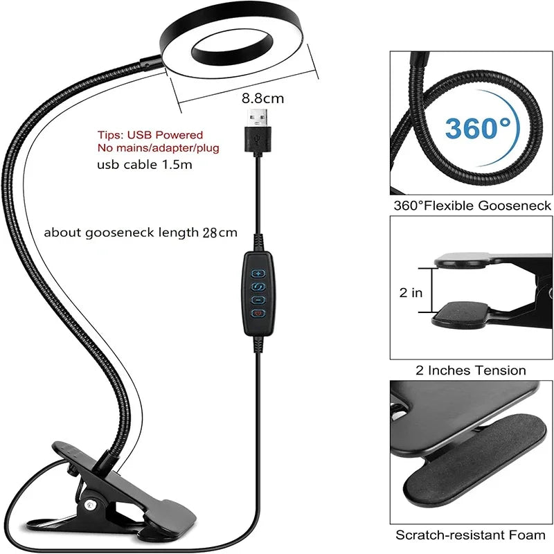 Reading Desk Lamp Bed Dimmable, 3 Modes & 10 Dimming Levels USB Clamp Lamps 360° Flexible Book Clip