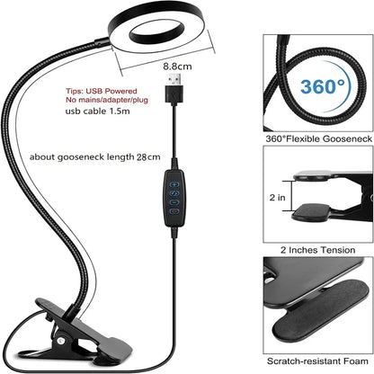 Reading Desk Lamp Bed Dimmable, 3 Modes & 10 Dimming Levels USB Clamp Lamps 360° Flexible Book Clip