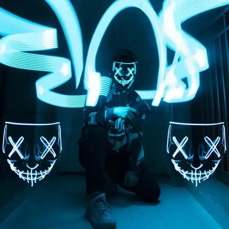 LED Halloween Mask Glow in The Dark Scary Terror Face Cover Bright Scream Light Up Costume for Men Carnival Party