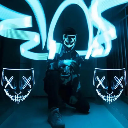 LED Halloween Mask Glow in The Dark Scary Terror Face Cover Bright Scream Light Up Costume for Men Carnival Party