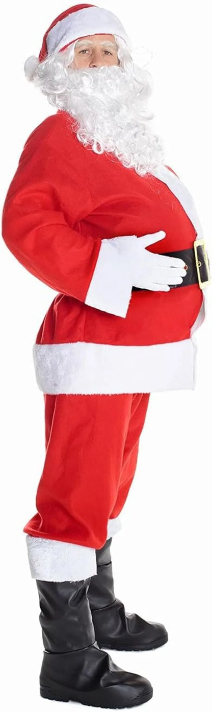 Christmas Santa Claus Costume Men's Luxurious Long Plush Gold Velvet Set Red Gift Bag Set of 8 Pieces