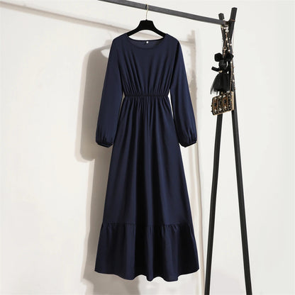 Spring Autumn Mujer Vestidos Solid Full Sleeve O-neck Casual Chiffon Dress Women Muslim Long Dress Solid Loose Maxi Dresses