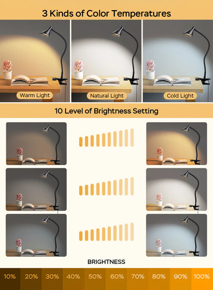 Reading Light, USB Clamp Lamp for ChildReading Book in Bed at Night, LED Small DeskLamp with Adjustable Gooseneck Clip