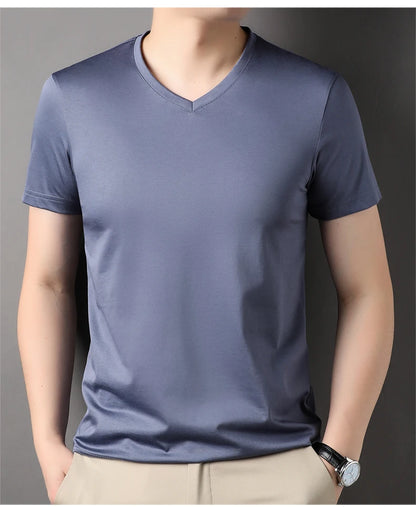 Top Grade 1.7% Mulberry Silk New Summer Brand Tops V Neck t Shirts For Men 2025 Short Sleeve Casual Fashion Mens Clothing