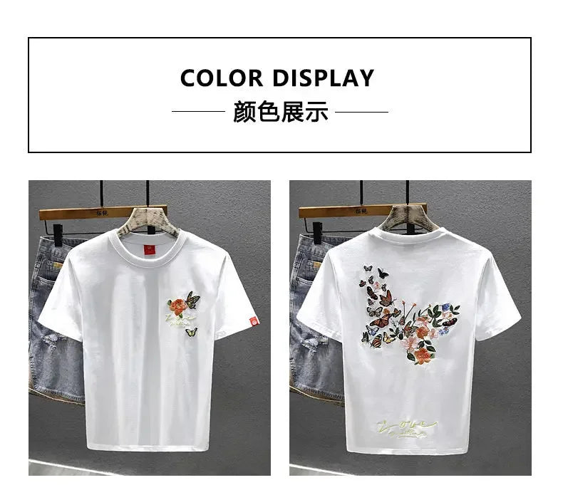 2025 Summer New Chinese Style Butterfly Embroidered Short-sleeved T-shirt Men Loose Casual Top