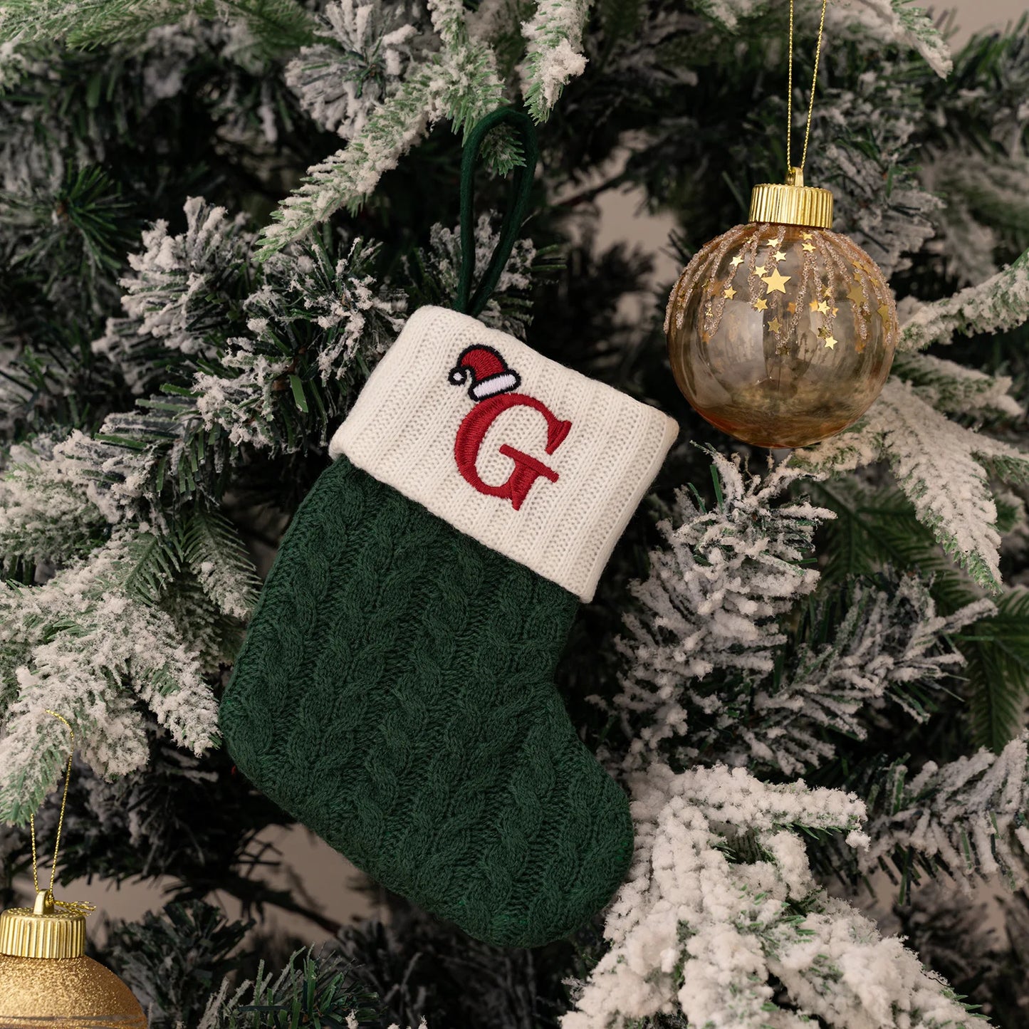 Green A-Z Letter Hanging Christmas Stockings Monogram Knitted Socks Fireplace Christmas Tree Hanging Party Decoration