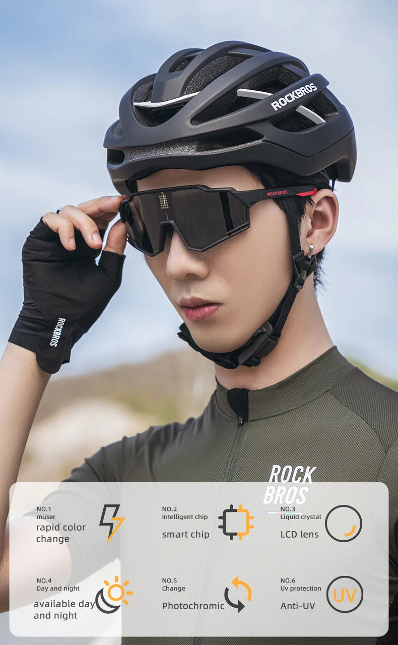 ROCKBROS Bicycle Sunglasses Polarized & Photochromic Electronic Color Change Cycling Glasses UV400 Bike Eyewear Sports Goggles