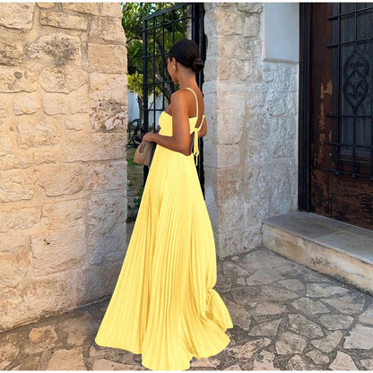 Women's Halter Backless Pleated Maxi Dress – Beach Vibes 2025