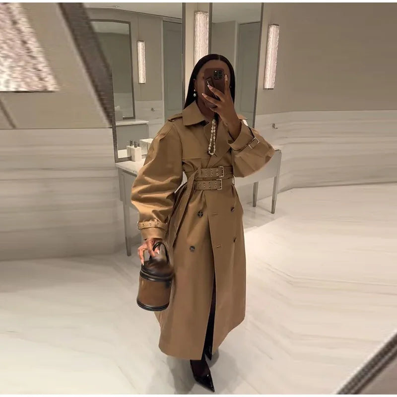 Double-Buckled Belted Hooded Trench Coat Oversized Long Sleeve Maxi 2025 Autumn Edgy Women Outerwear Fashion Trendy Lady Jacket