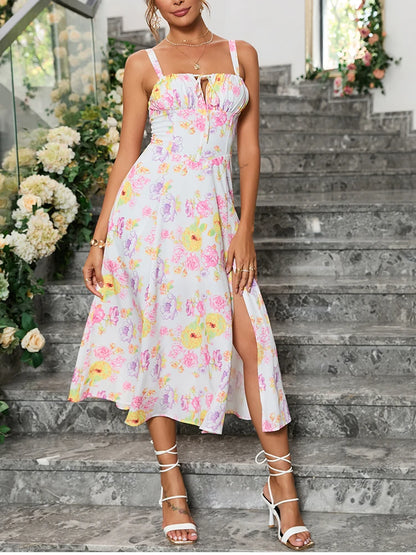 NewAsia Floral Print Summer Midi Dress Boned Tie Up Split Adjustable Strapes Zip Casual Party Dresses Beach Women Vestido 2024