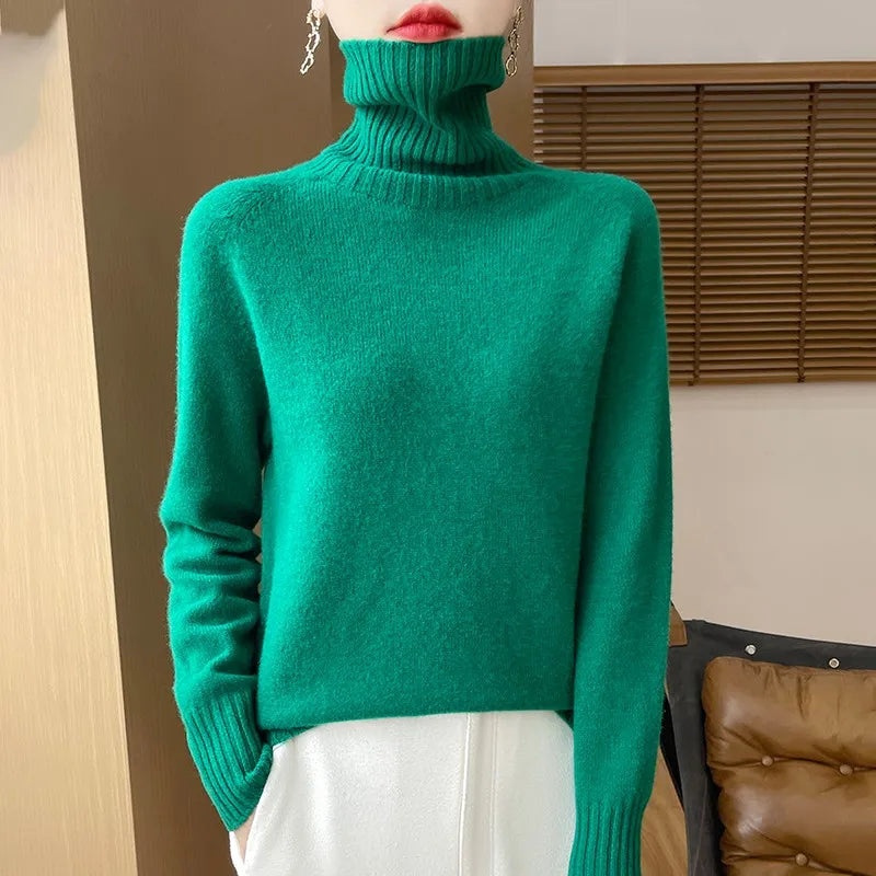 Women's Clothing New Fashion Autumn And Winter Merino Wool Pullover Solid Color Long Sleeve Basic Thermal Top 100% Wool Sweater