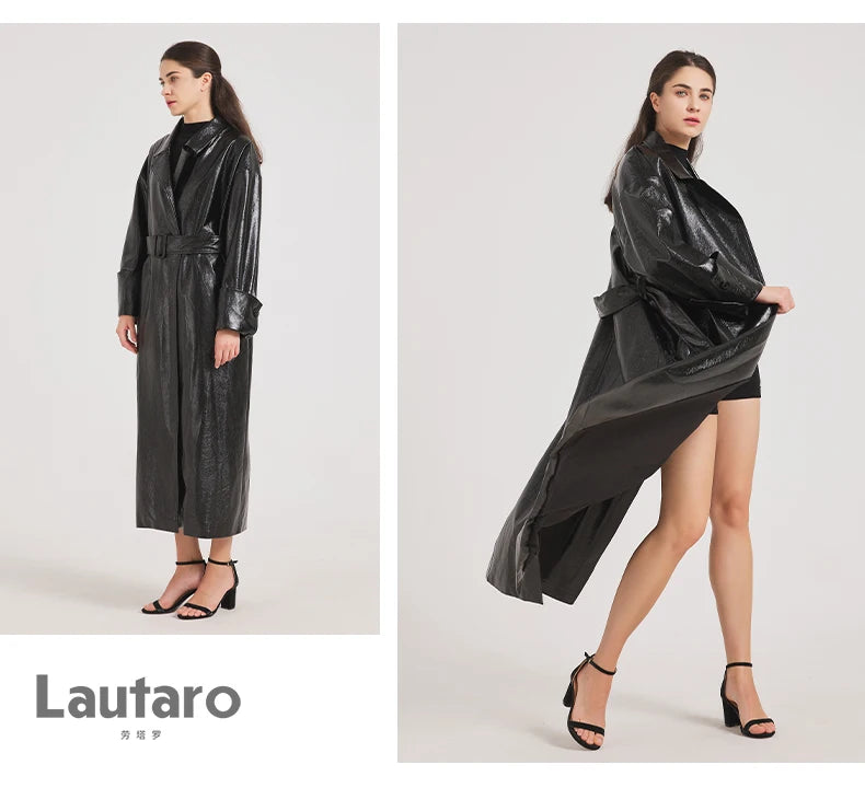 Lautaro Spring Autumn Extra Long Burgundy Pu Leather Trench Coat for Women with Belt Elegant Luxury Designer Maxi Overcoat 2024