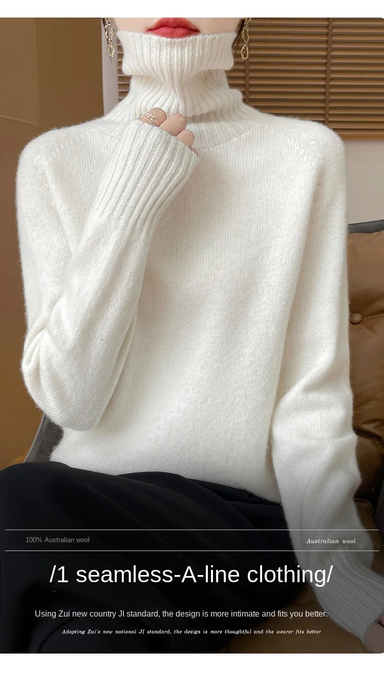 Women's Clothing New Fashion Autumn And Winter Merino Wool Pullover Solid Color Long Sleeve Basic Thermal Top 100% Wool Sweater