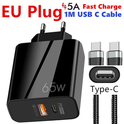Supercharge USB Type C Cable QC3.0 65W PD fast Charger for Samsung iPhone Xiaomi Huawei Universal Quick Charger