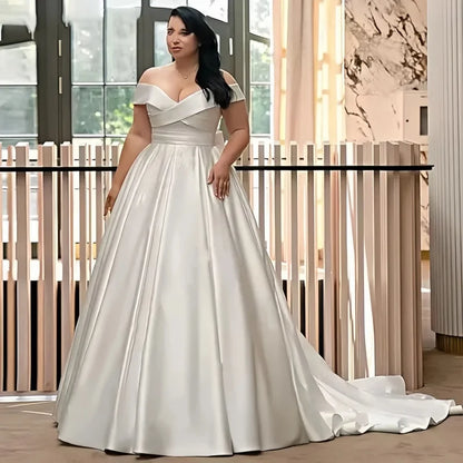 Satin V Neck Plus Size Wedding Dresses Off The Shoulder Lace Up Back Big Bow Pleated Bridal Gown with Pockets and Court Train