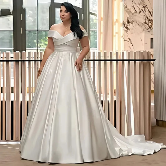 Satin V Neck Plus Size Wedding Dresses Off The Shoulder Lace Up Back Big Bow Pleated Bridal Gown with Pockets and Court Train