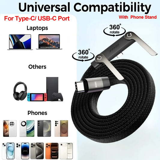 Foldable 2-in-1 Bracket Data Cable 240W Fast Charging Type-C to Type-C Charger Cord with Phone Holder for Tablets Smartphones