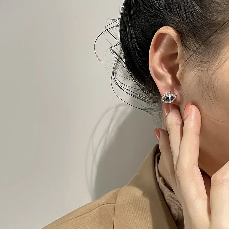 YILUOCD 925 Sterling Silver Zircon Blue Evil Eye Stud Earrings for Women  Simple Demon Eyes Piercing Jewelry New Year Gift