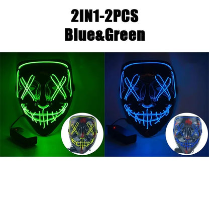 LED Halloween Mask Glow in The Dark Scary Terror Face Cover Bright Scream Light Up Costume for Men Carnival Party