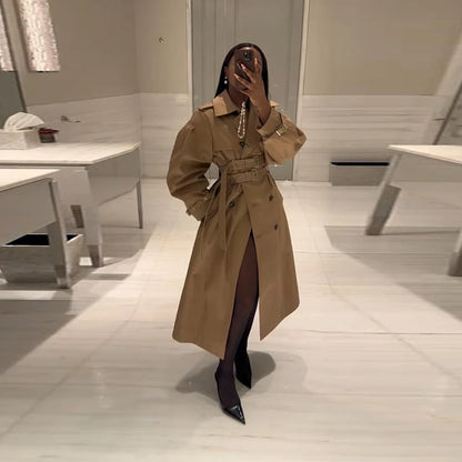 Double-Buckled Belted Hooded Trench Coat Oversized Long Sleeve Maxi 2025 Autumn Edgy Women Outerwear Fashion Trendy Lady Jacket
