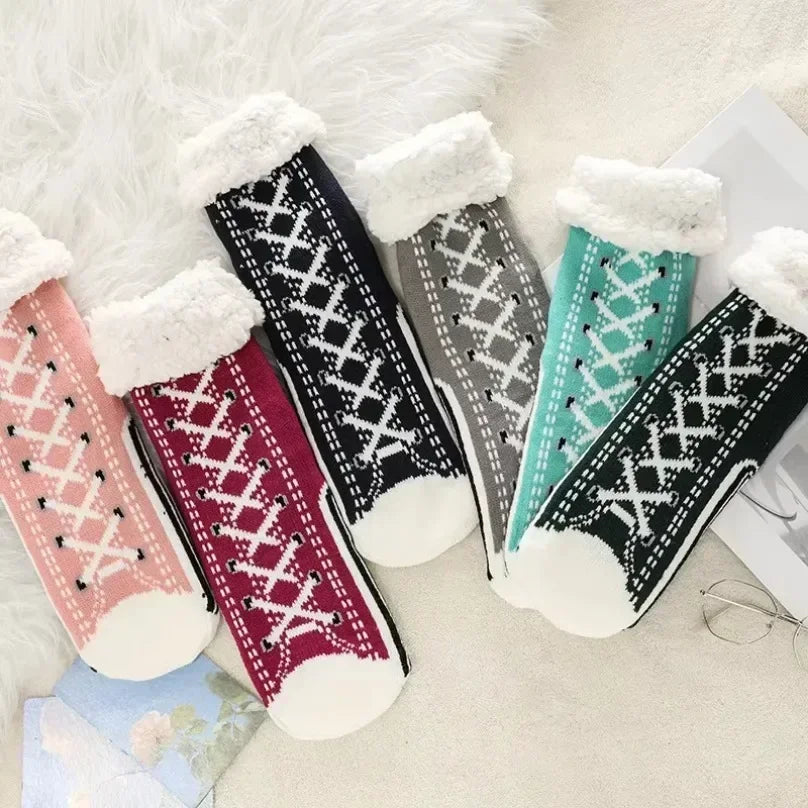 Fuzzy Fluffy Sock Women Winter Christmas Gift Warm Plush Non slip Home Sleeping Soft Female Floor Thermal Slipper Sock Snowflake