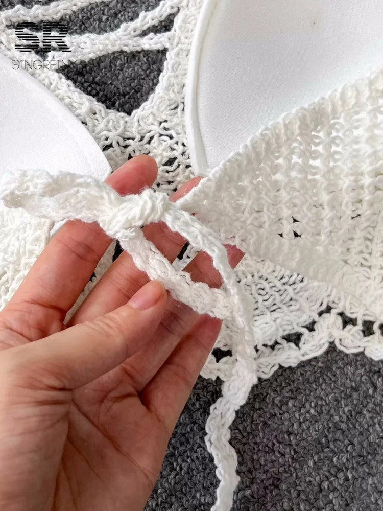 SINGREINY Knit Two Piece Sets Women Summer Vacation Backless Camisole Elastic Waist Shorts Hollow Out Y2K Beach Style Suits