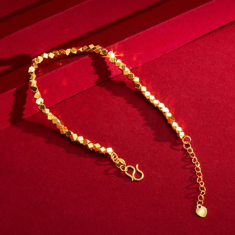 Real 18K Gold Chain Bracelet for Women Pure Adjustable Trendy Laser Beads Chain for Women Fine Jewelry Gift