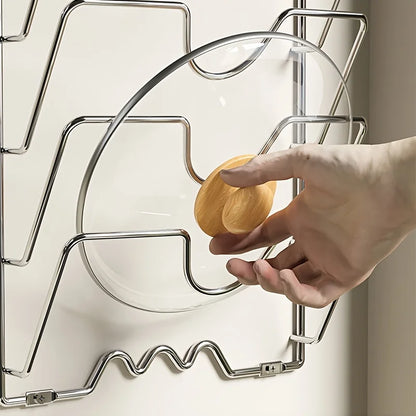 Wall-Mounted Pot Lid Organizer Rack – Multi-Tier Metal Storage for Kitchen