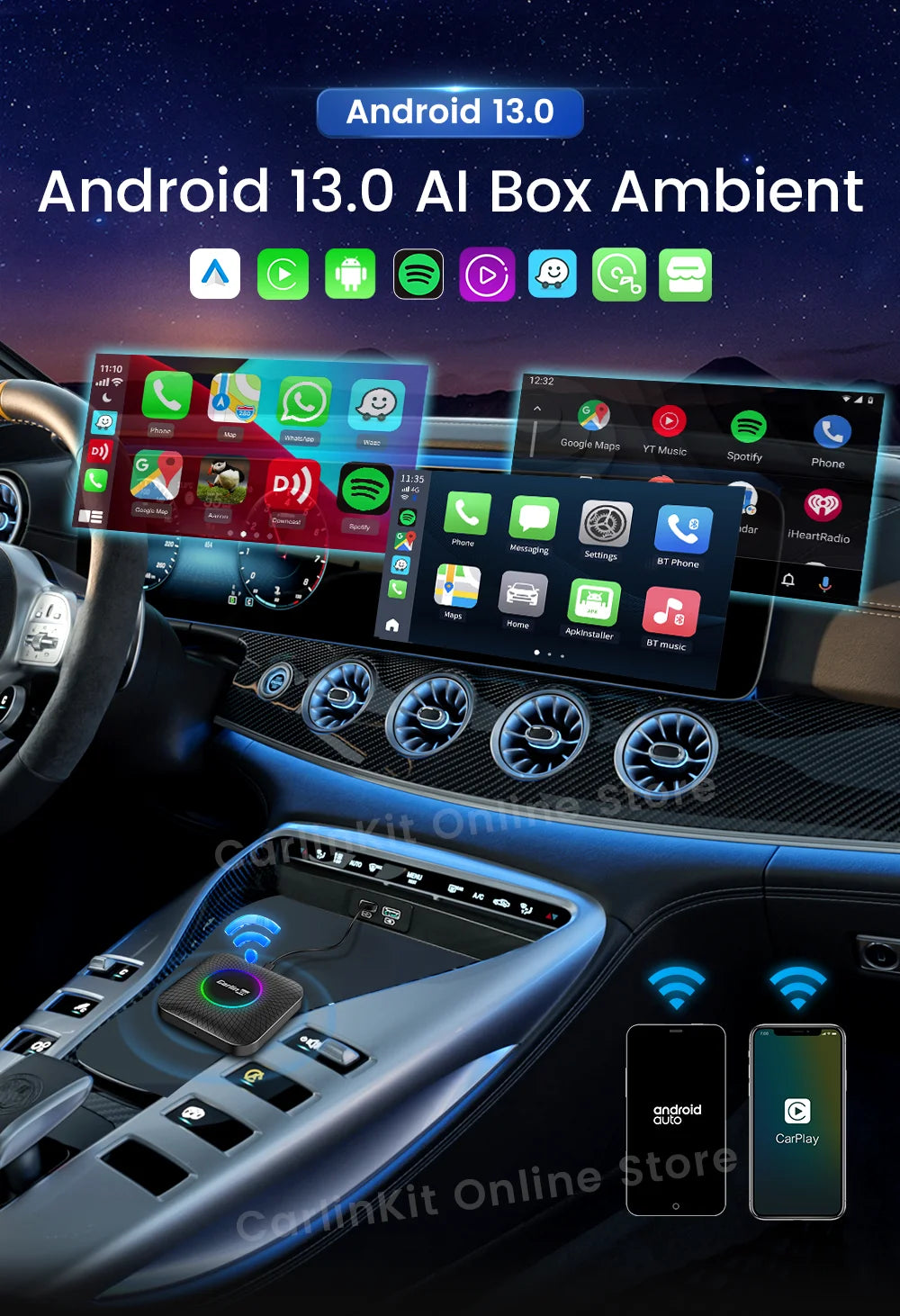 Carlinkit Android 13 Tv Box LED 8+128GB CarPlay Wireless Android Auto Wireless Adapter Support Youtube Netfilx IPTV Spotify GPS