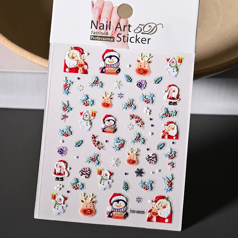 Cute Deer Christmas Nail Stickers 5D Embossed Elk Star Gingerbread Man Snowflake Santa Claus Holly DIY Winter Engraved Manicure*