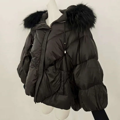 OFTBUY 2025 New Winter Large Real Fur Hooded Puffer Jacket Women Thicken Warm Knitted Sleeve Coat White Duck Down Mid Long Parka