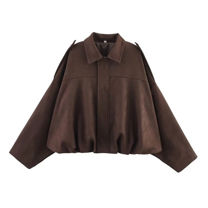 RAFZNB Women's Bomber Jackets Coats Fashion Turn-down Collar Long Sleeve Loose Coats Vintage Female Outerwear Chic Tops