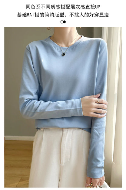 Spring Autumn 100% Cotton Long-Sleeved T-Shirt Women's Round Neck Mercerized Cotton Bottoming Shirt Loose Top