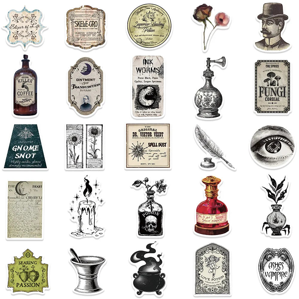 10/50/100pcs Halloween Vintage Potion  Bottle Labels Stickers Retro Horror Gothic Decals Suitcase Scrapbooking Laptop Sticker