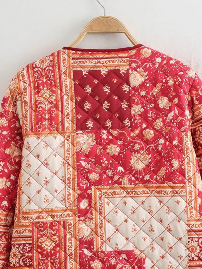 Women’s Quilted Floral Jacket – Vintage Loose Fit Winter Coat