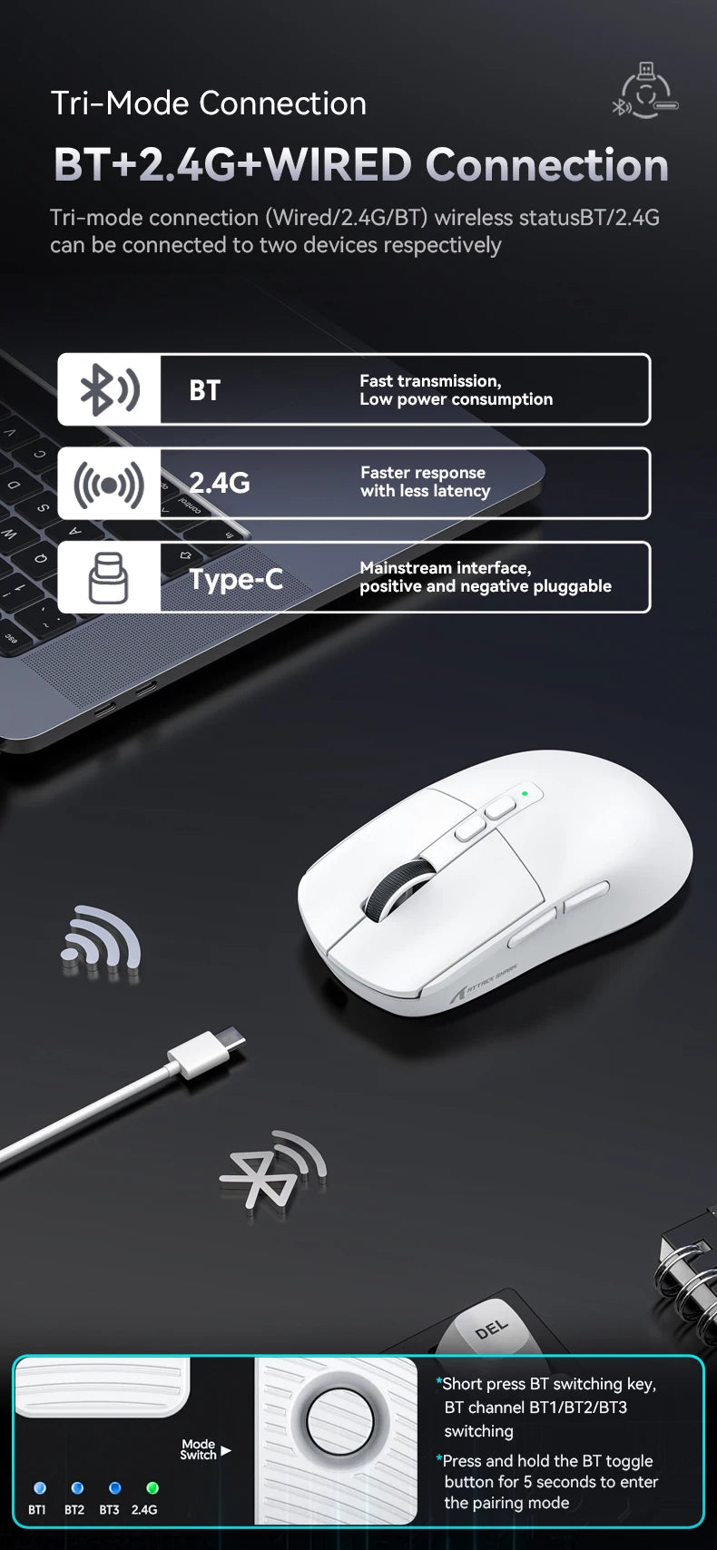 ATTACK SHARK X6 Mouse,PAW3395 Bluetooth Tri-Mode Connection,RGB Touch Magnetic Charging Base,Macro Gaming Mouse