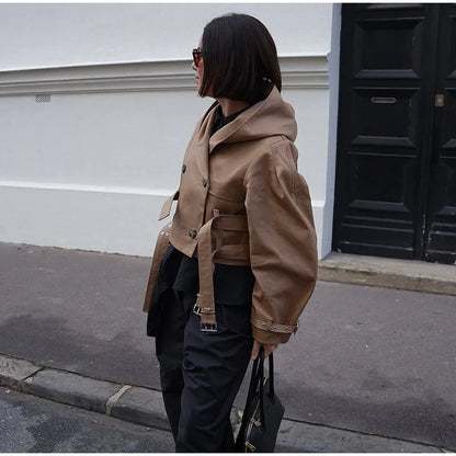 Double-Buckled Belted Hooded Trench Coat Oversized Long Sleeve Maxi 2025 Autumn Edgy Women Outerwear Fashion Trendy Lady Jacket