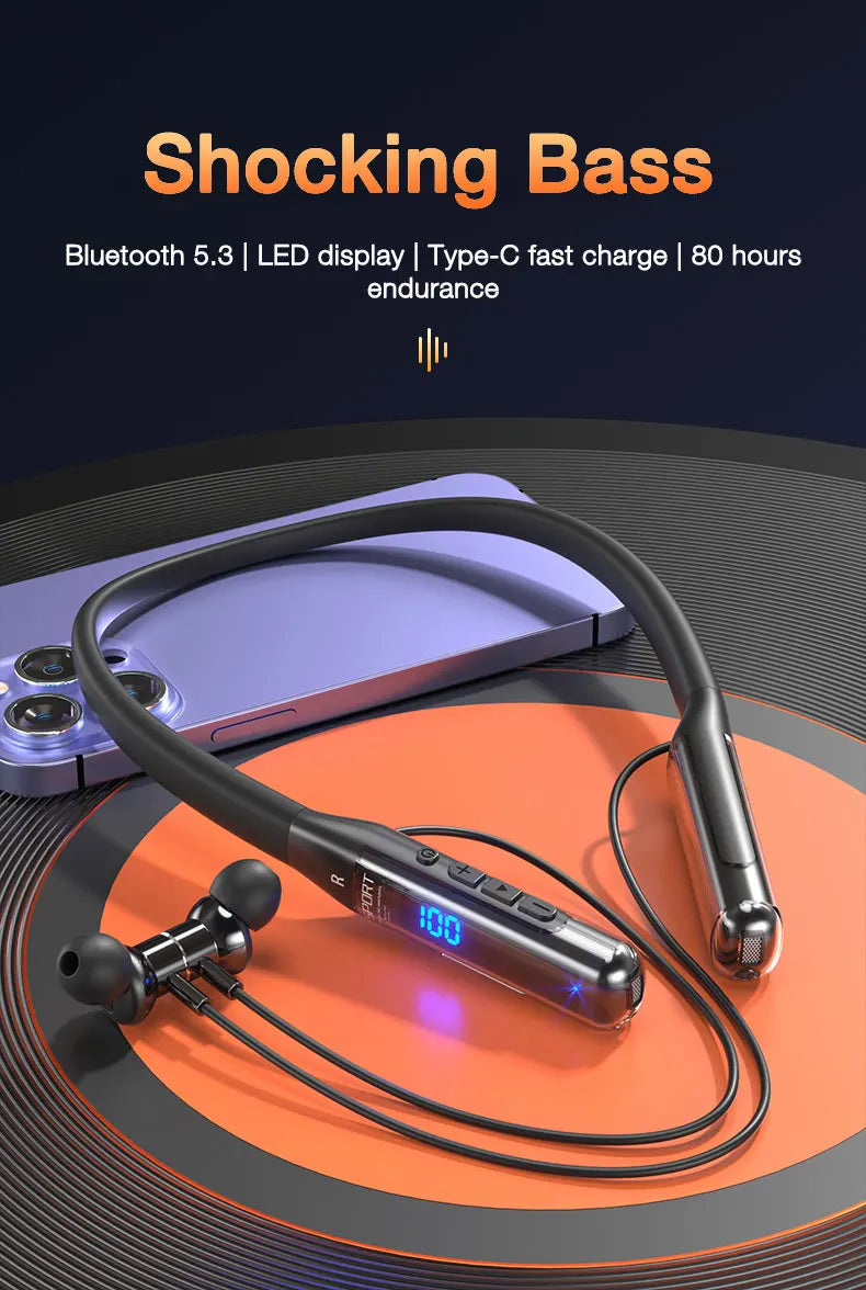 EARDECO Bluetooth 5.3 Neckband Headphones – 80H Battery, Stereo Bass, Mic