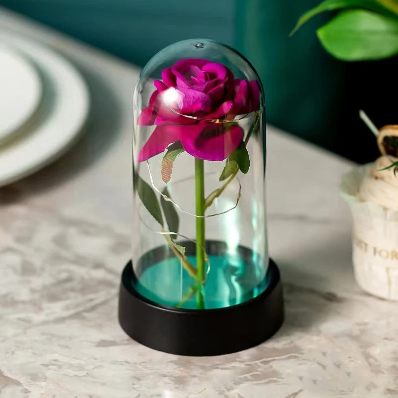 Artificial Rose Flowers Eternal Rose LED Light Foil Flower in Glass Cover Simulation Rose Flower Mothers Day Gifts Party Supply