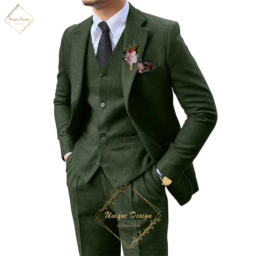 Premium Men's Suits 3 Piece Jacket Vest Pants Brown Wedding Tweed Herringbone Retro Vintage Tailored Fit Single Breasted Tuxedo
