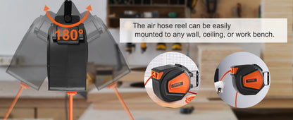 SucceBuy 50FT Retractable Air Hose Reel Wall-Mounted PVC Hose Automatic Rewinding Swivel Compressor for Automobile Maintenance