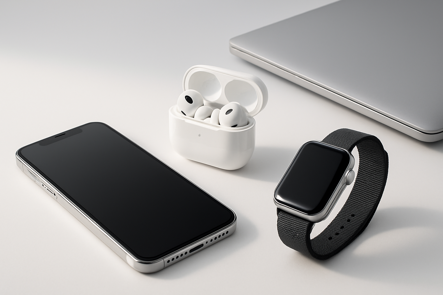 Ultra high-resolution modern photo of premium electronic gadgets (smartphone, wireless earbuds, smartwatch, laptop) arranged on a sleek white and light grey background, soft natural lighting, minimal and clean, product showcase style, e-commerce ready, photorealistic, 8K.