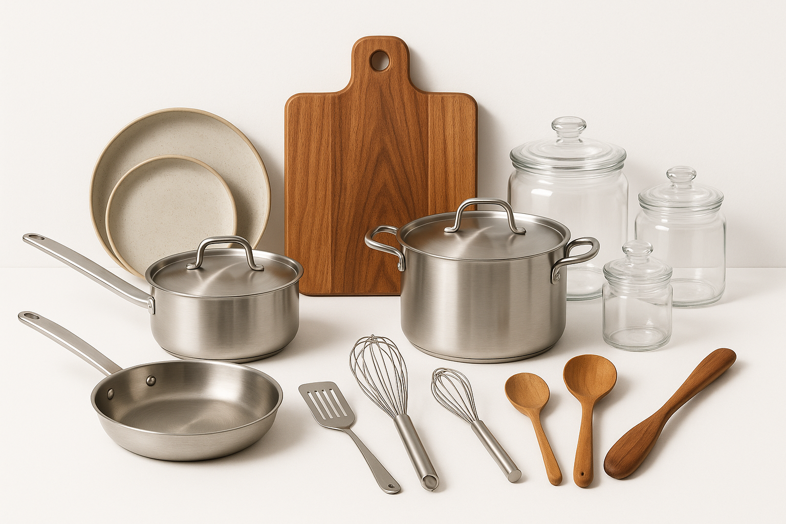 Ultra high-resolution product photo of modern premium kitchen items (stainless steel cookware, ceramic plates, wooden cutting board, glass jars, utensils) arranged aesthetically on a clean white background with soft shadows, minimal and premium look, perfect for online store category banner, photorealistic, 8K, centered composition.